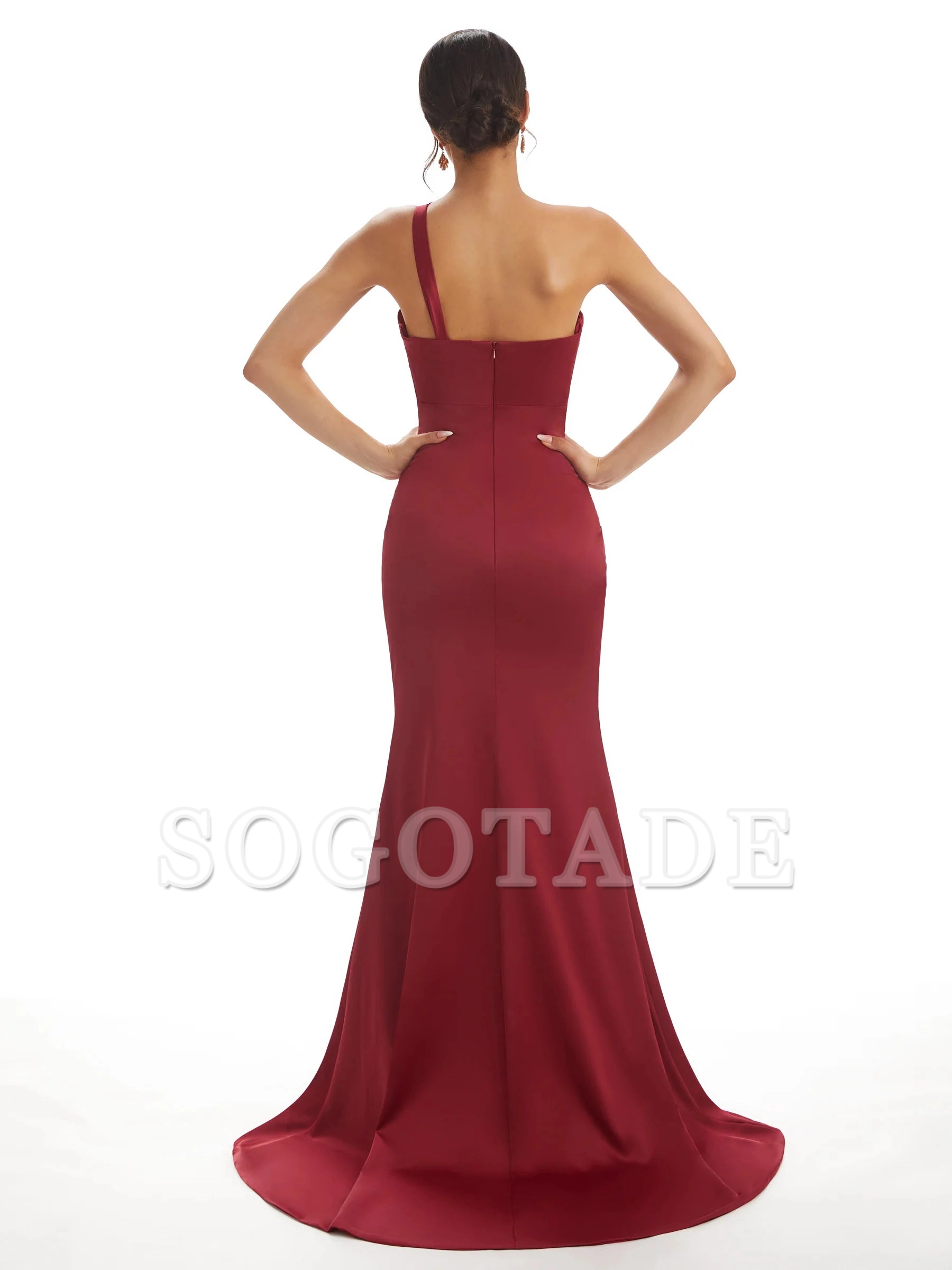 Sexy shoulder soft satin side slit fish tail long bridesmaid dress
