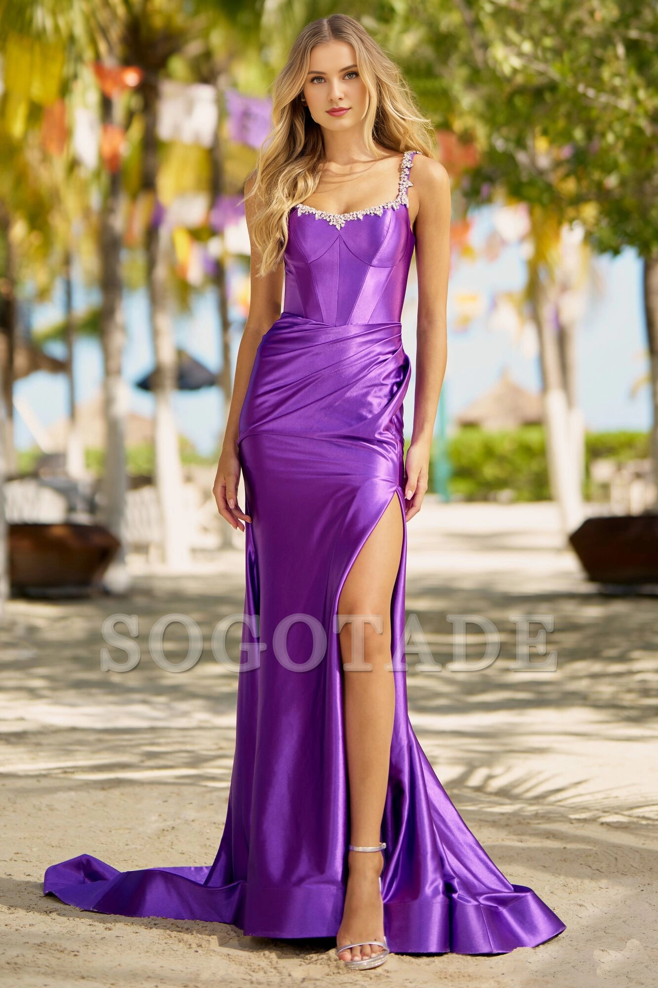 Slimming silk satin dress with rhinestone slit neckline for evening dress