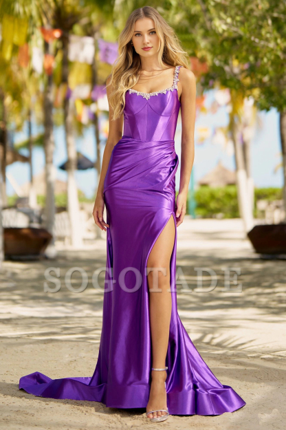 Slimming silk satin dress with rhinestone slit neckline for evening dress