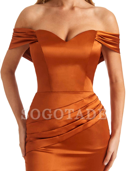 Sexy side slit mermaid off shoulder V-neck extra long soft satin bridesmaid dress