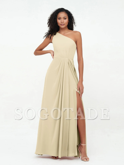 Split grey rose one shoulder chiffon bridesmaid dress