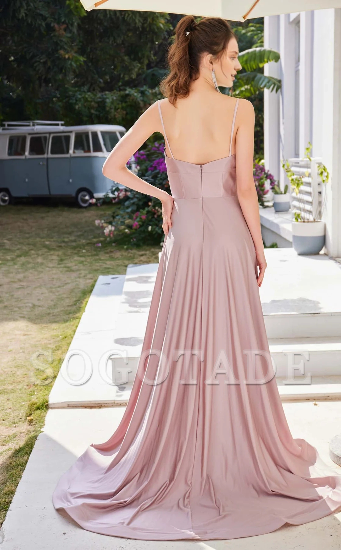 A-line low round neck satin fitted body and floor length evening dress-SOGOTADE