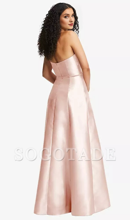 Front slit strapless tight corset A-line satin Prom dress