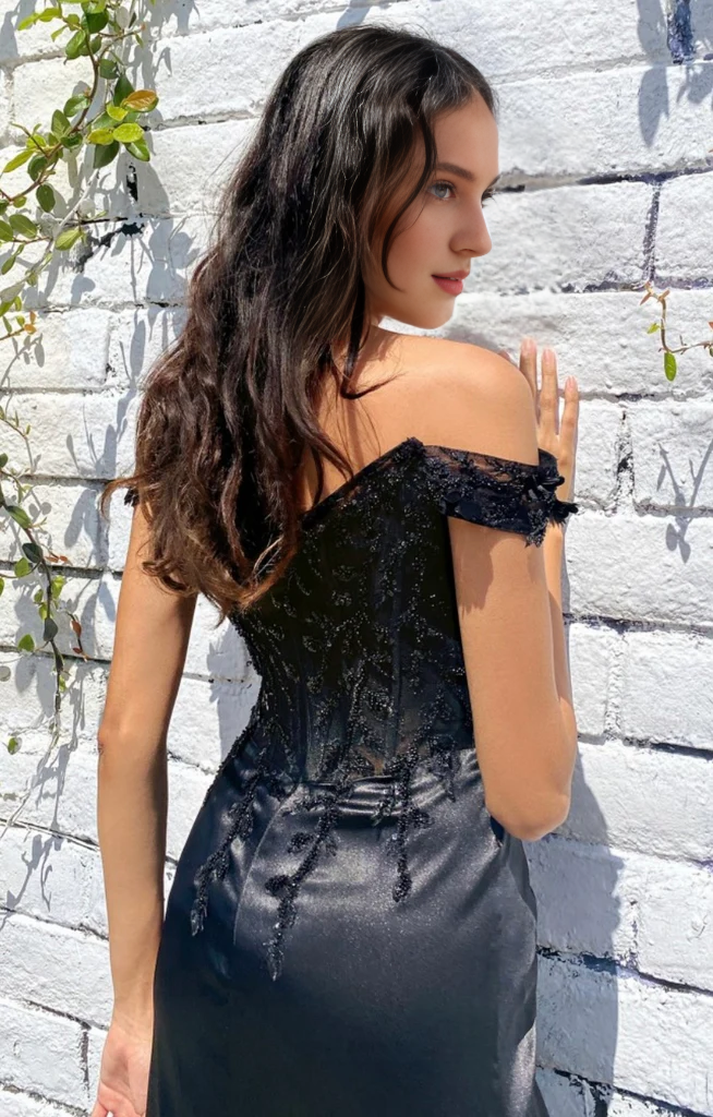 Black floral off shoulder and ground length gown evening dresses