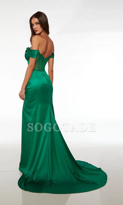 Satin off shoulder evening gown straight tube backless tight corset with front slit long formal dress