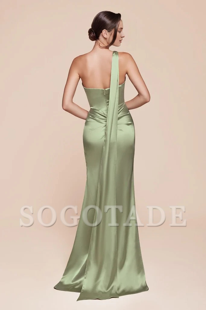 Luxury satin slim fit and floor length gown evening dresses on one shoulder