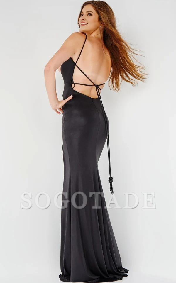 A-line sweetheart collar lace back high slit and floor length evening dress