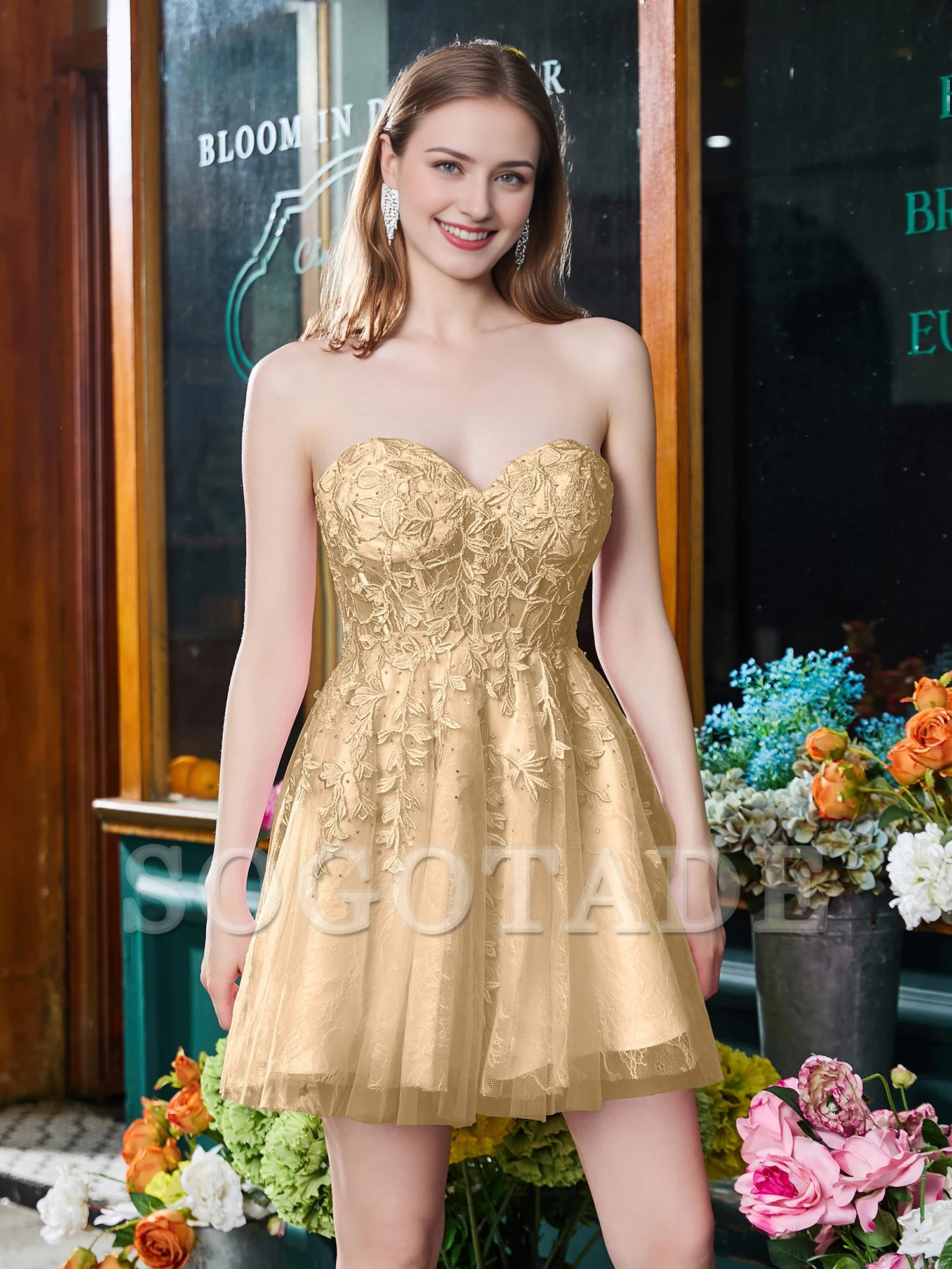 Sweetheart strapless decal strap A-line mini Homecoming dress