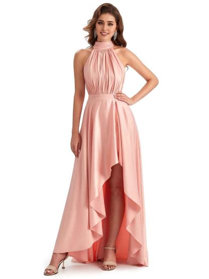 Soft Satin High Neck High Low A-Line Unique Bridesmaid Dresses Online
