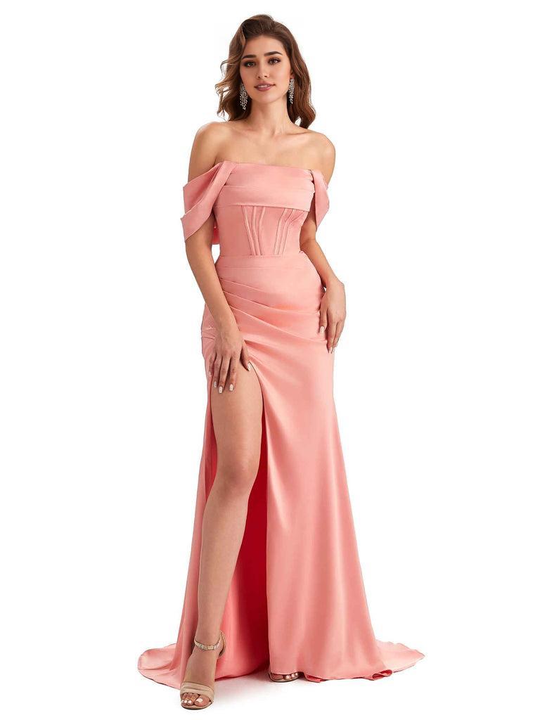 Sexy Side Slit Mermaid Soft Satin Off The Shoulder Unique Long Wedding