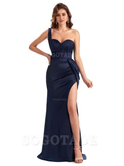 Sexy Mermaid Silky Satin Side Slit One Shoulder Unique Long Wedding Guest Dresses