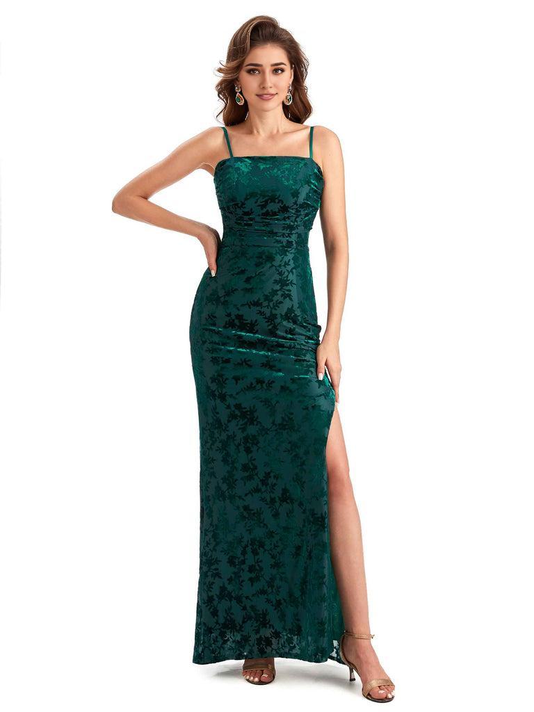 Sexy Side Slit Spaghetti Straps Floral Velvet Long Formal Bridesmaid Dresses Online