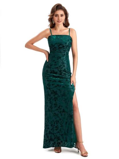 Sexy Side Slit Spaghetti Straps Floral Velvet Long Formal Bridesmaid Dresses Online