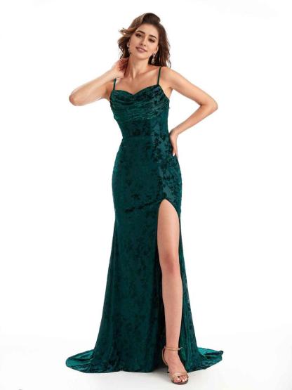 Sexy Spaghetti Straps Side Slit Mermaid Floral Velvet Long Bridesmaid Dresses Online