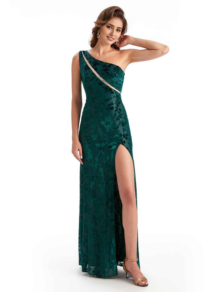 Sexy One Shoulder Side Slit Mermaid Floral Velvet See Through Long Bridesmaid Dresses