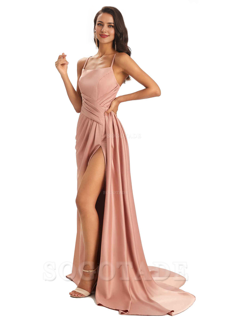 Sexy Soft Satin Side Slit Spaghetti Straps Long Maxi Bridesmaid Dresses prom shop dresses