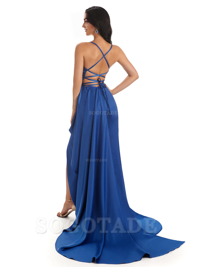 Sexy Spaghetti Straps Soft Satin Side Slit Pleats Unique Mermaid Bridesmaid Dresses prom shop dresses ﻿