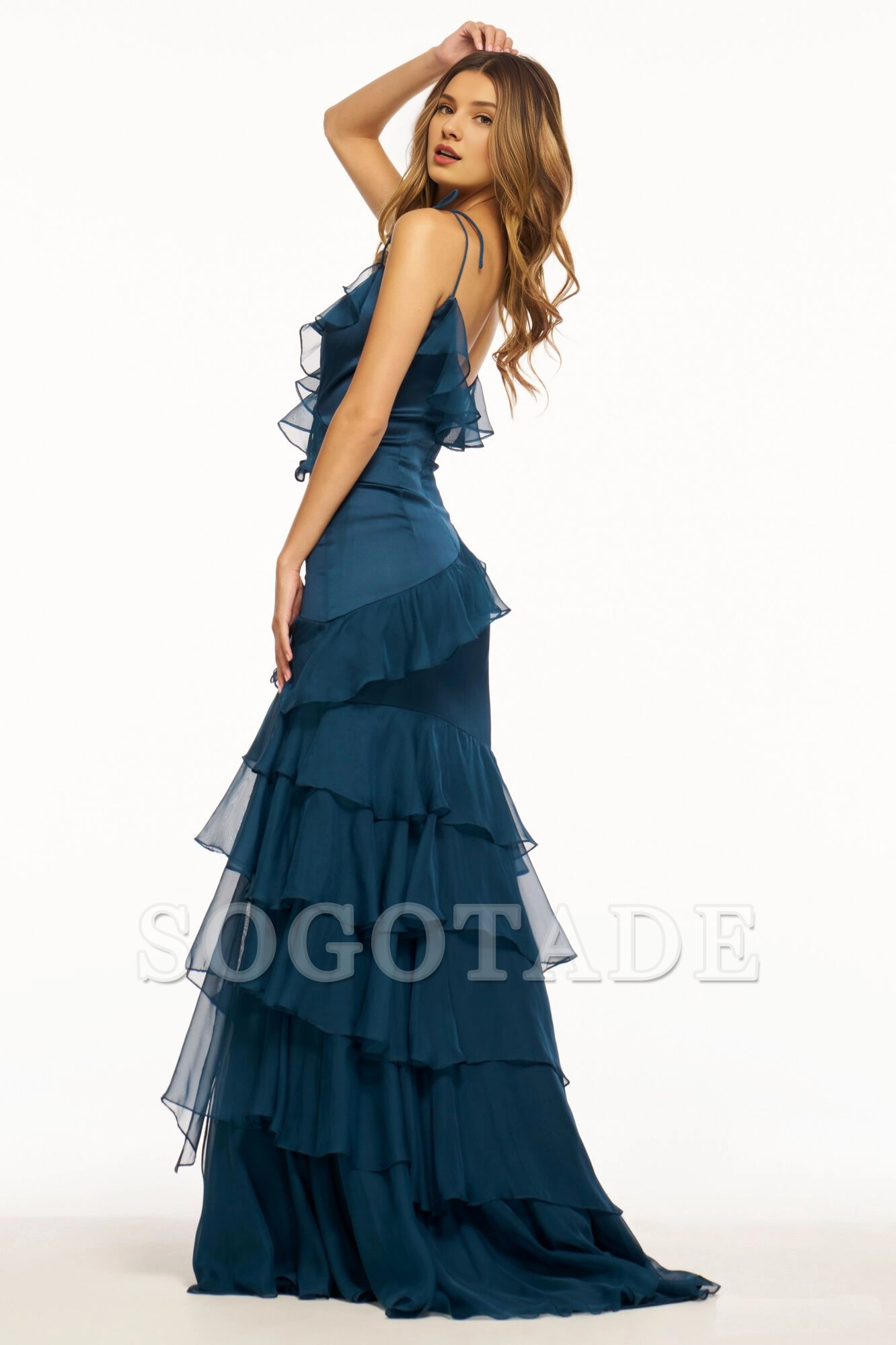 Slim fit satin chiffon ruffle hem front slit and floor length Prom dress