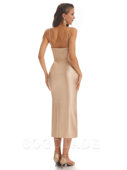 Sexy Soft Satin Spaghetti Strap Tea-Length Midi Short Bridesmaid Dresses prom shop dresses