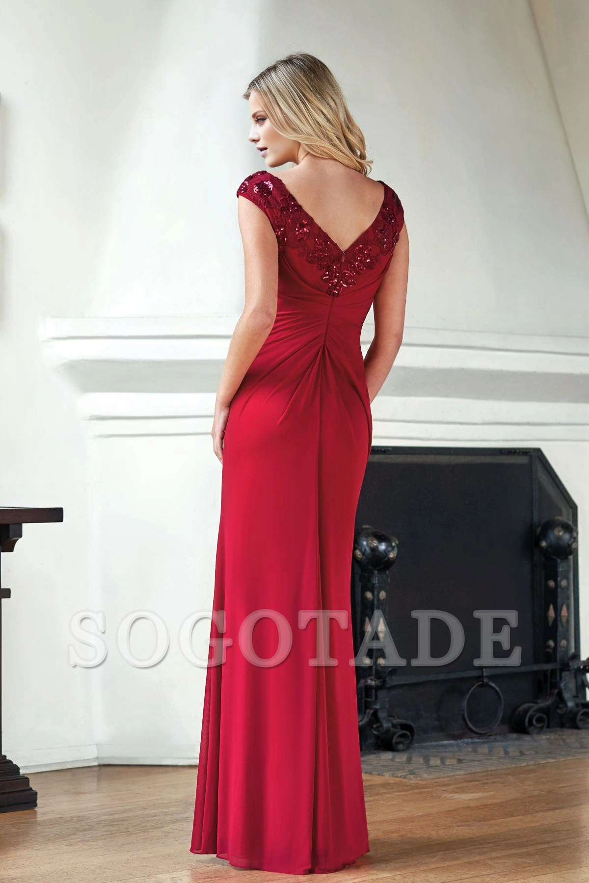 V-neck sequined lace and floor length mother of the bride dress