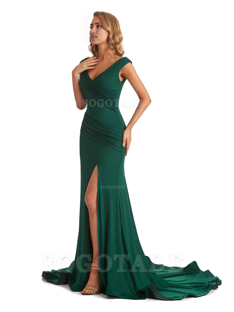 Sexy Mermaid V-Neck Off The Shoulder Side Fork Long Fashion Bridesmaid Dresses Formal Women's Dresses Wedding Guests Dresses