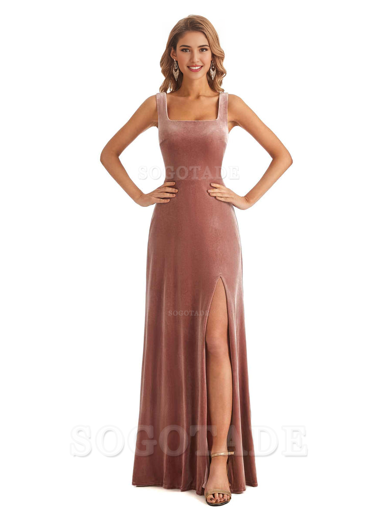 Elegant A Line Sheath Velvet Square Side Fork Long Bridesmaid Dresses Formal Women's Dresses Wedding Guests Dresses