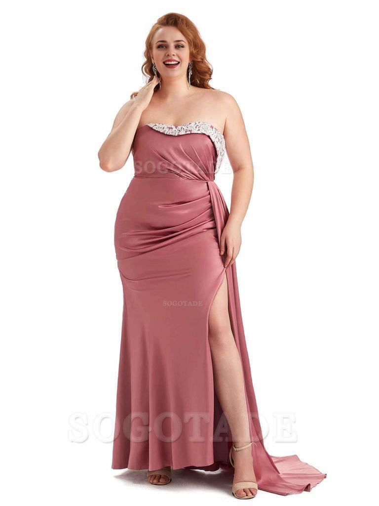 Sexy Side Slit Strapless Mermaid Lace Soft Satin Long Plus Size Maid of Honor Dresses