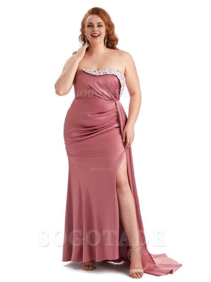 Sexy Side Slit Strapless Mermaid Lace Soft Satin Long Plus Size Maid of Honor Dresses