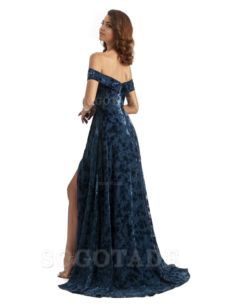A-Line Off Shoulder Lace Velvet formal dresses evening gown Bridesmaid Dresses With Side Slit