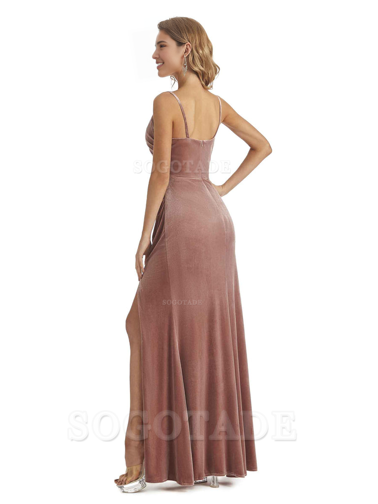 Elegant Mermaid Spaghetti Straps V-Neck Velvet Side Slit Long Bridesmaid Dresses Bridesmaid Dresses Formal Wear Dresses