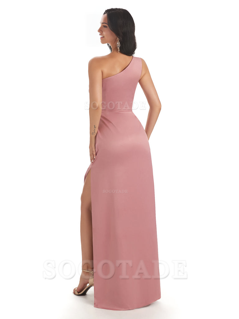 Mermaid One Shoulder Satin formal dresses evening gown Bridesmaid Dresses With Side Slit 