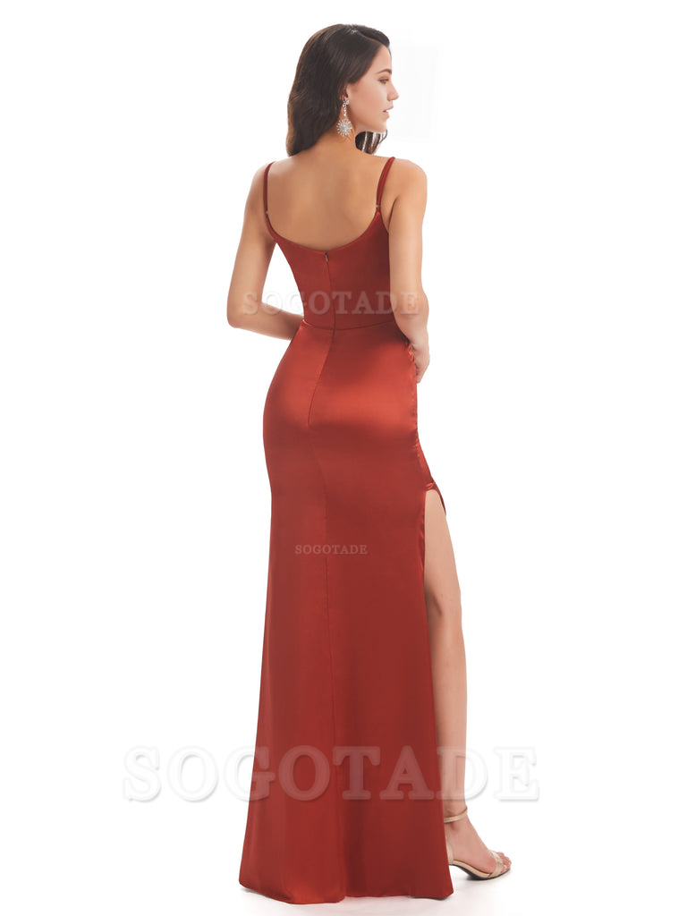 Mermaid Spaghetti Straps Satin formal dresses evening gown Bridesmaid Dresses With Side Slit 