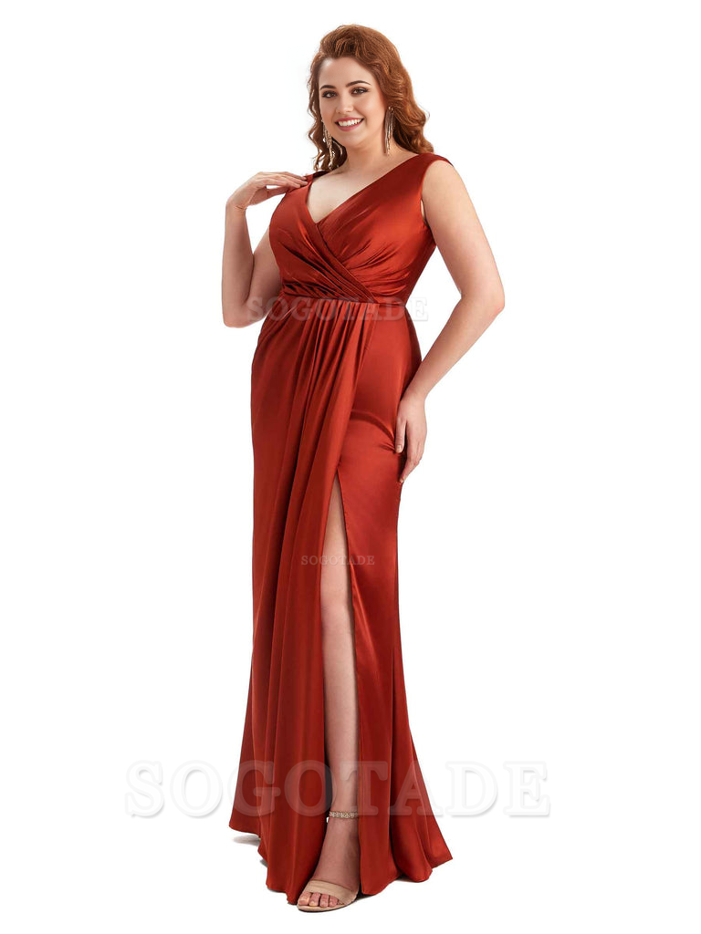 Mermaid V-Neck Satin formal dresses evening gown Bridesmaid Dresses With Side Slit 