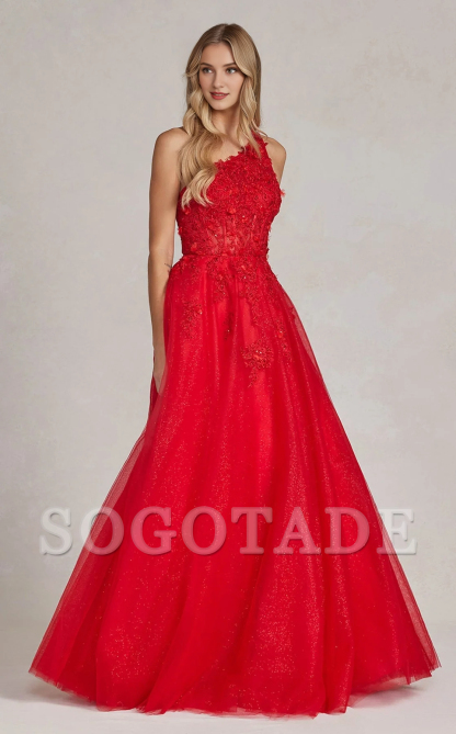 Single shoulder collar lace applique tight corset sheer and floor length Prom dress