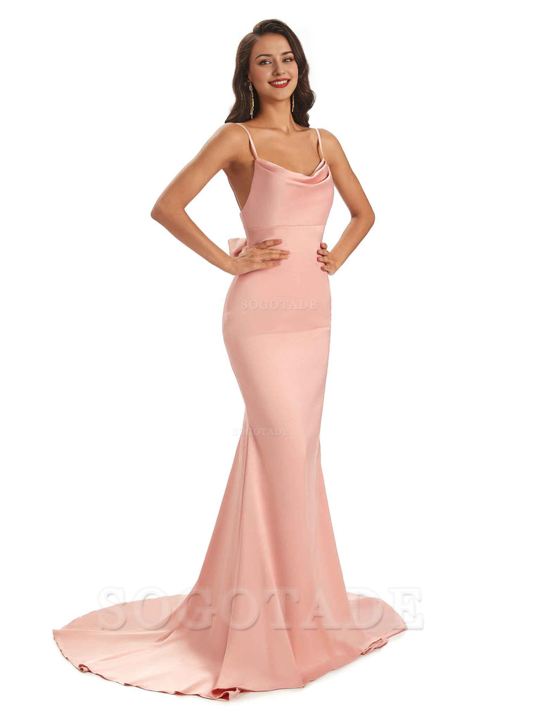 Sexy Backles Soft Satin Spaghetti Straps Maxi Mermaid Bridesmaid Dresses Online prom shop dresses
