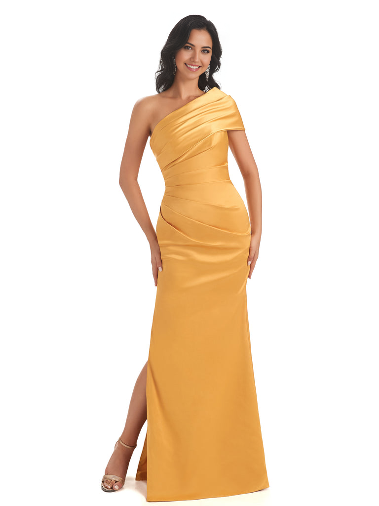 Mermaid One Shoulder Satin Long formal dresses evening gown Bridesmaid Dresses With Side Slit 