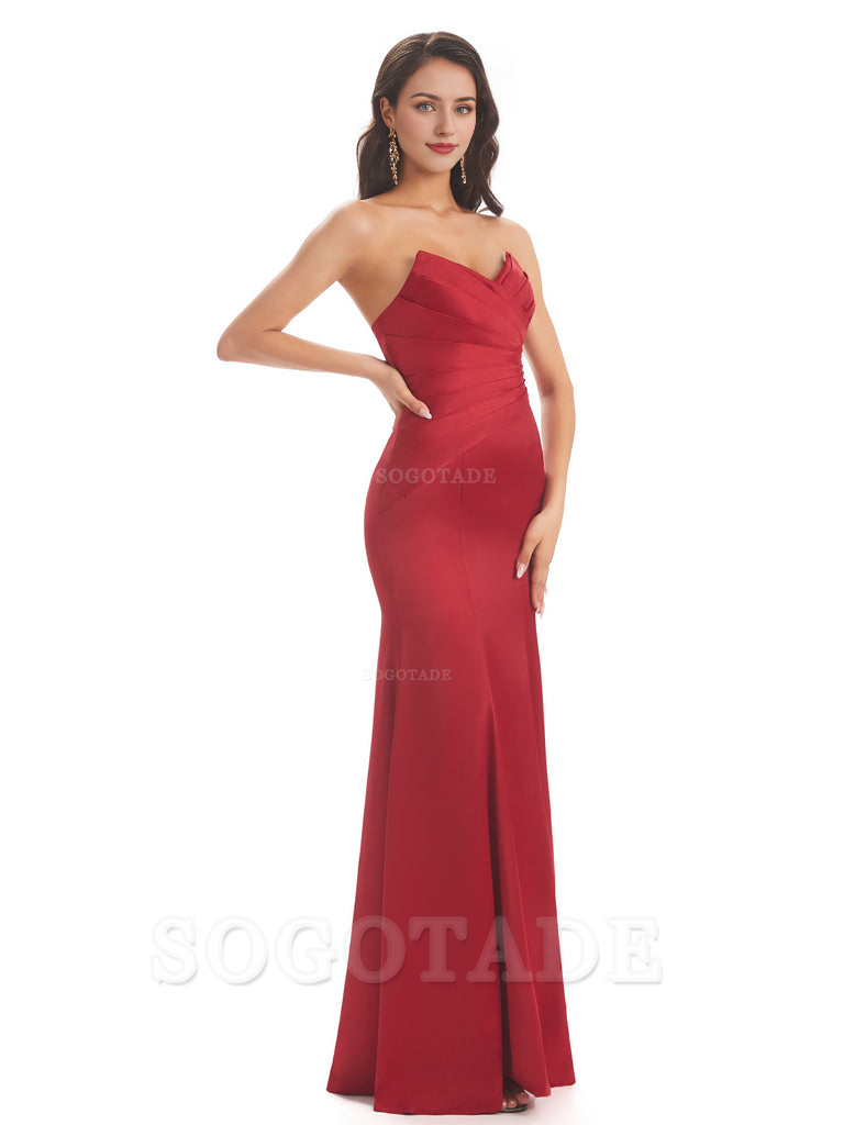 Simple Strapless Sweetheart Soft Satin Mermaid Long Bridesmaid Dresses prom shop dresses
