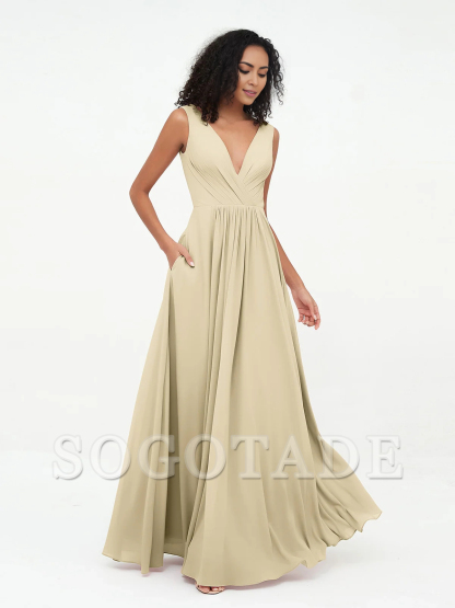 V-neck chiffon long pocket dress