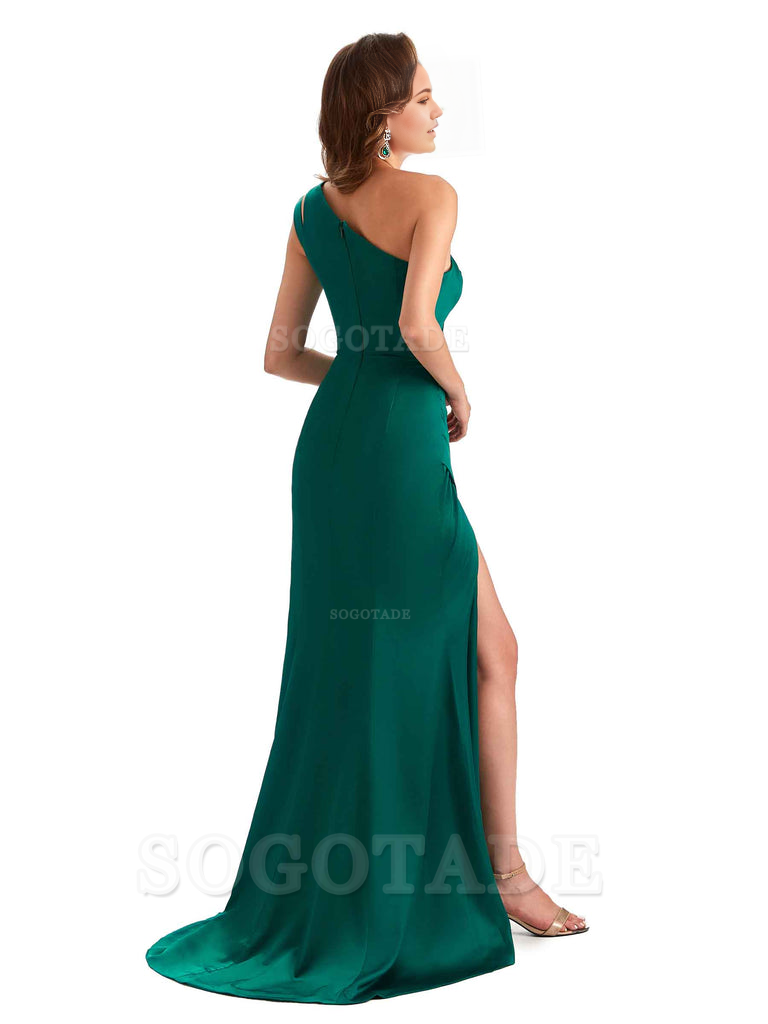 Mermaid One Shoulder Satin Sexy formal dresses evening gown Bridesmaid Dresses With Side Slit 