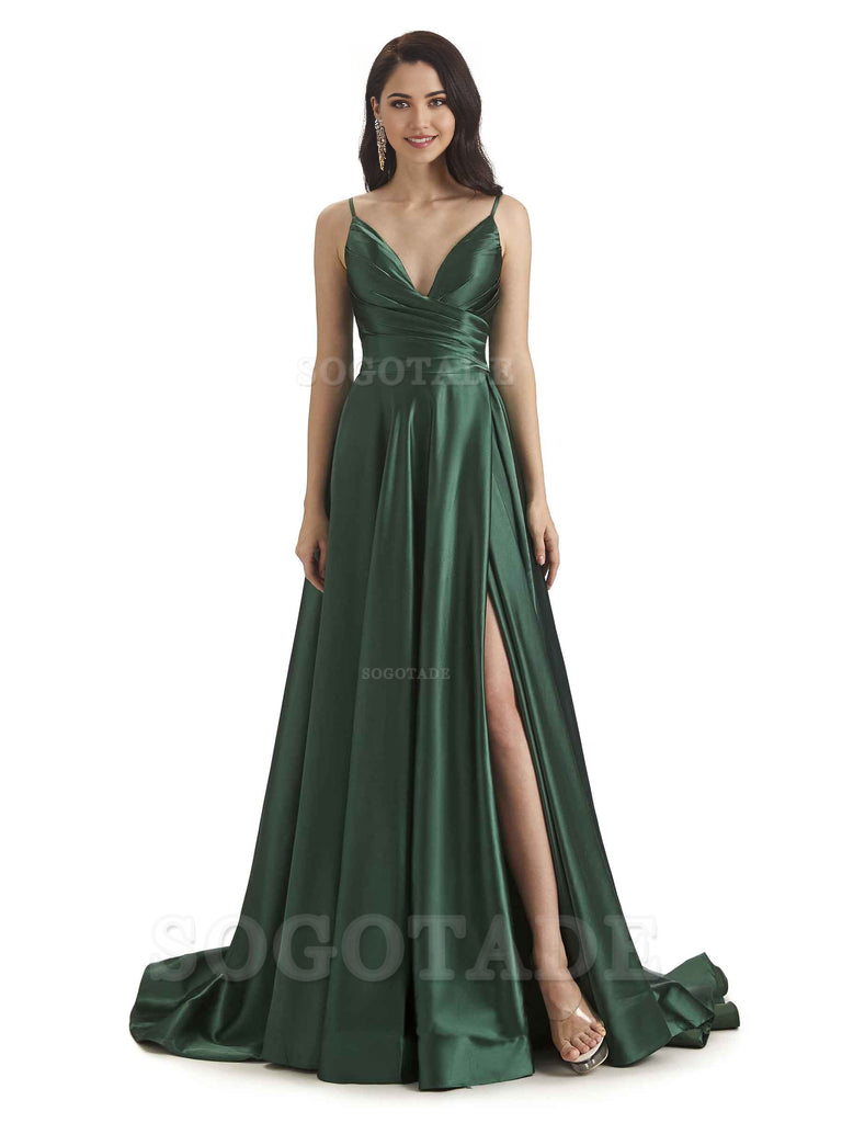 Spaghetti Straps Satin formal dresses evening gown Bridesmaid Dresses With Side Slit 