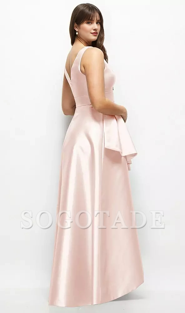 Asymmetric layering and floor length satin Prom dress