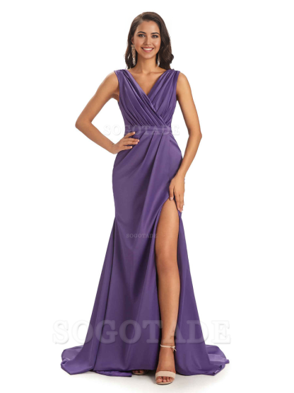 A-line V-neck Floor-Length Satin formal dresses evening gown Bridesmaid Dresses With Side Slit 