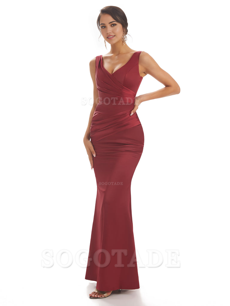 Sheath Sleeveless V-neck Floor-Length Satin formal dresses evening gown Bridesmaid Dresses With Pleats 