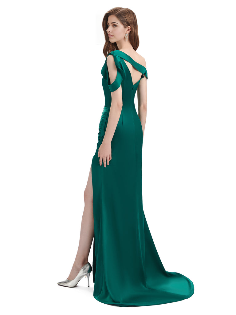 Mermaid V-Neck Satin Floor-Length formal dresses evening gown Bridesmaid Dresses With Side Slit 