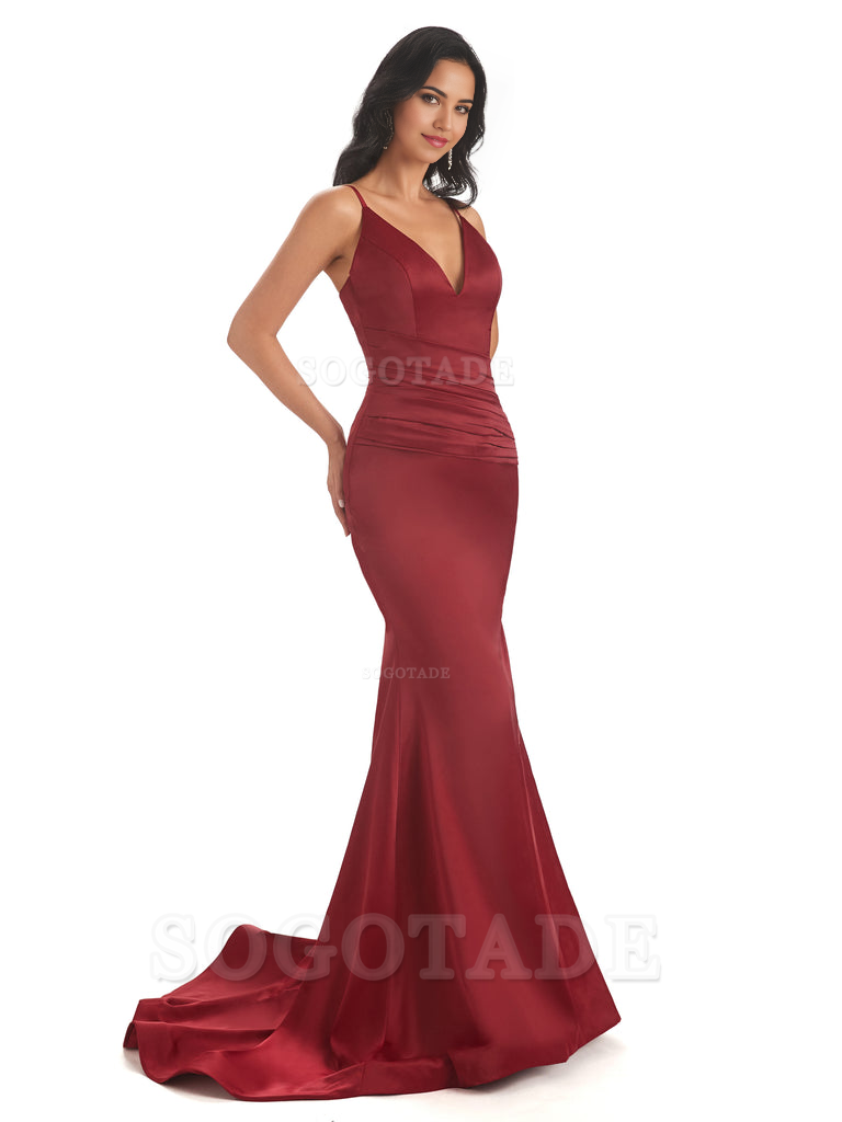 Mermaid Spaghetti V-Neck Straps Satin Long formal dresses evening gown Bridesmaid Dresses With Side Slit 