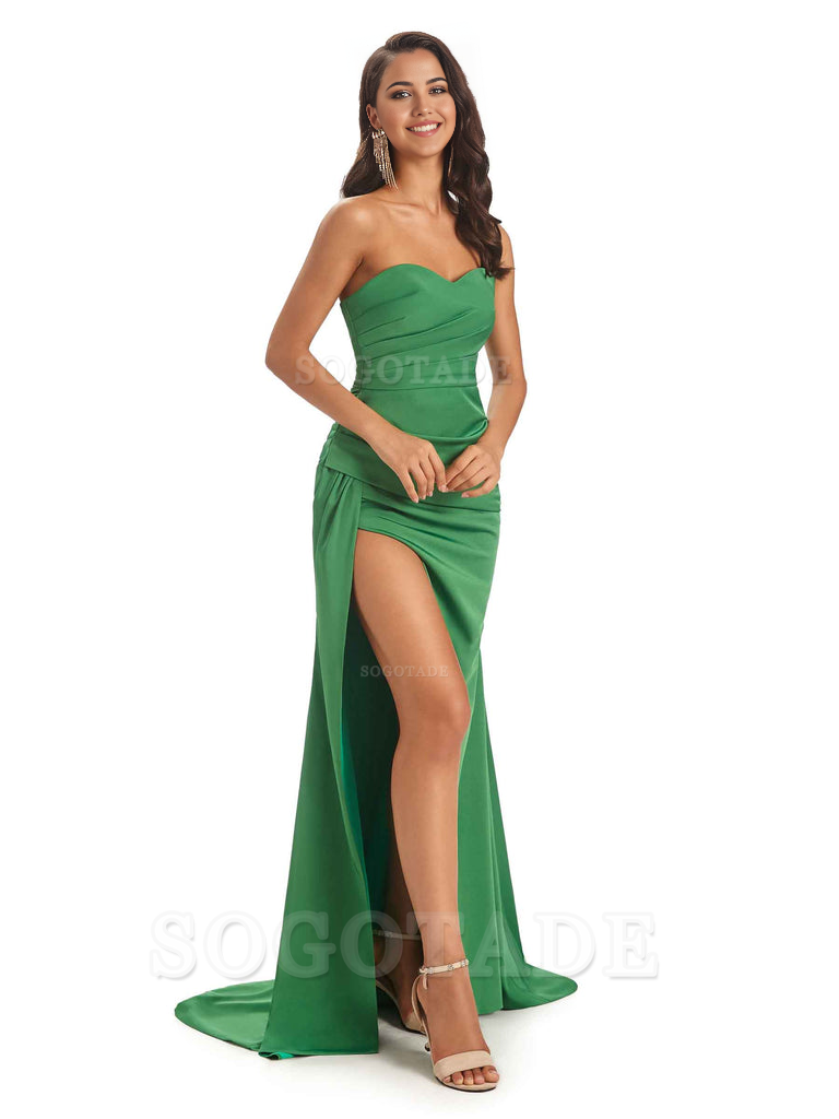 Mermaid Strapless Sweetheart Satin Long formal dresses evening gown Bridesmaid Dresses With Side Slit 