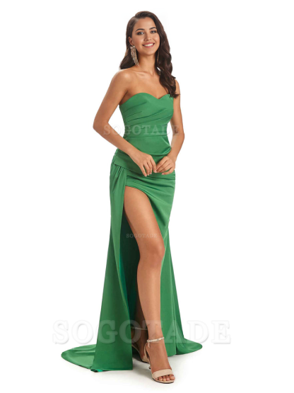 Mermaid Strapless Sweetheart Satin Long formal dresses evening gown Bridesmaid Dresses With Side Slit 