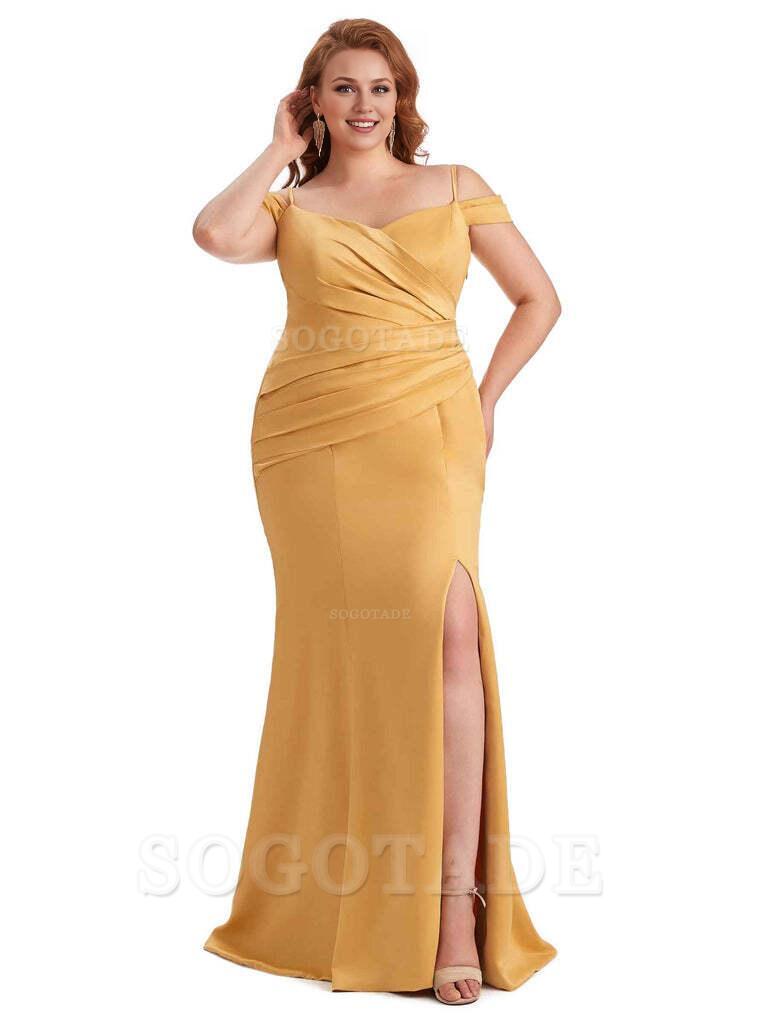 Elegant Cold Shoulder Side Slit Mermaid Soft Satin Long Plus Size Bridesmaid Gowns
