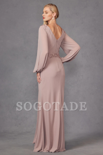 A-line slit skirt embroidered long sleeved dress