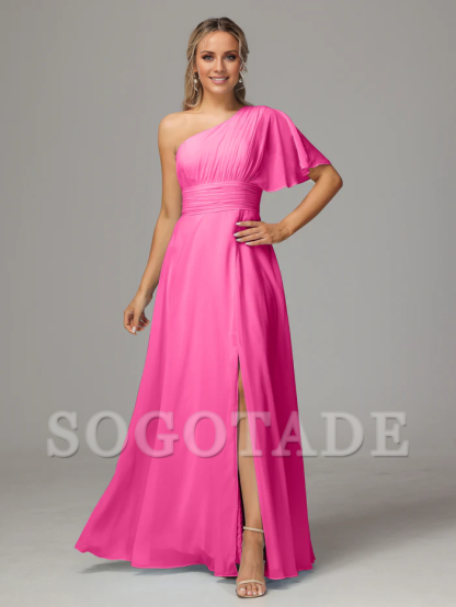 Asymmetric collar single sleeve pleated chiffon side slit and floor length bridesmaid dress